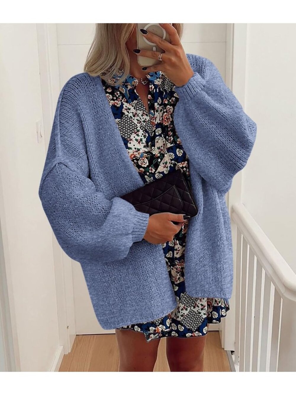 Women's Haze Blue Soft Chunky Knit Baggy Loose Fit Open Front Oversized Sweater - Picture 5 of 6